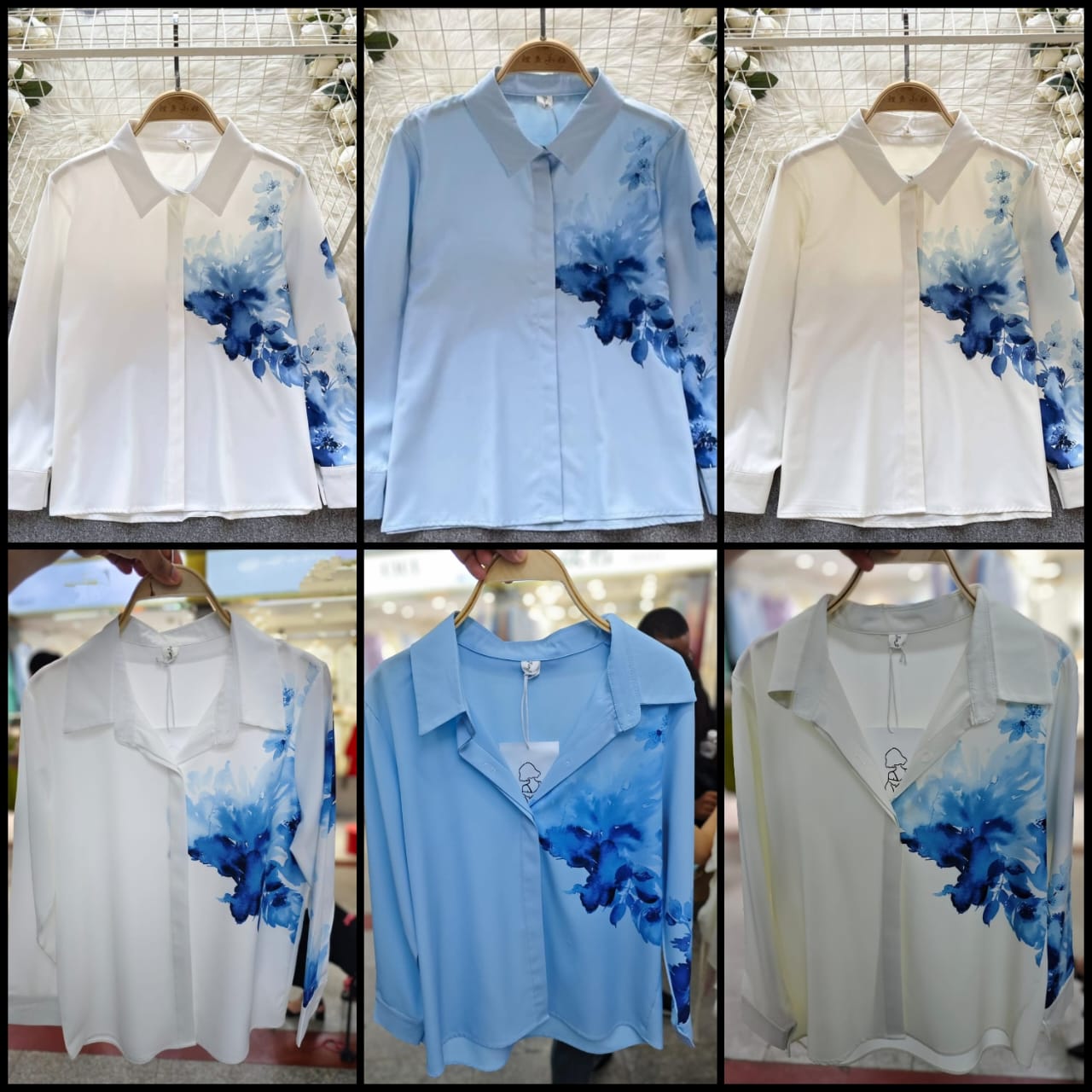 White Sheer Shirt with Blue Print
