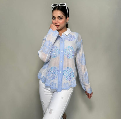 Pastel Blue Embroidered Sheer Shirt – Elegant Summer Edition - By Kalbira