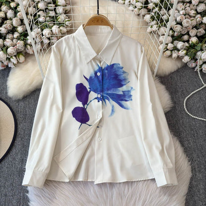 White Sheer Shirt with Blue Print