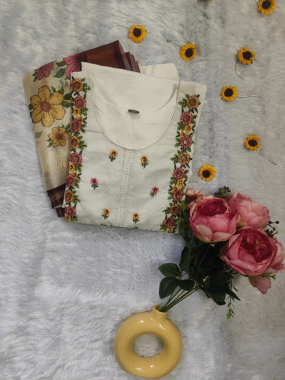Rakhi special White embroidered Kurti with Digital Dupatta and Straight pant