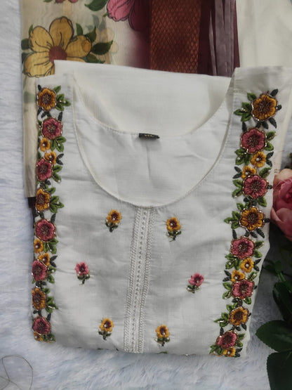 Rakhi special White embroidered Kurti with Digital Dupatta and Straight pant